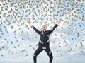 Happy businessman in celebrating pose with loads of money in the air