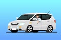 Happy businessman driving a new car to work. It`s easy and fast than walk. Business people drive a expensive modern white vehicle