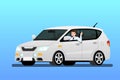 Happy businessman driving a new car to work. It`s easy and fast than walk. Business people drive a expensive modern white vehicle