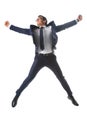 happy businessman in eyeglasses jumping and gesturing by hands Royalty Free Stock Photo