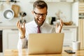 Happy businessman getting great news on laptop at home Royalty Free Stock Photo