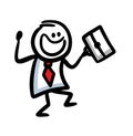 Happy businessman going outdoor from office and swinging briefcase in good mood. Royalty Free Stock Photo