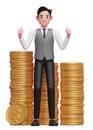 Happy businessman in grey vest getting lots of piles of gold coins