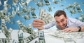 Happy businessman with heap of money Royalty Free Stock Photo