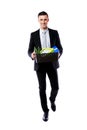 Happy businessman hold box with personal belongings Royalty Free Stock Photo