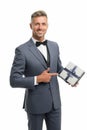 Happy businessman hold present in hand. Generosity concept. Birthday holiday. Shopping mall. Gift package. Womens day Royalty Free Stock Photo