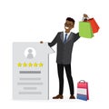 Happy businessman hold shopping bags and message with positive review. Testimonials, customer feedback after shopping