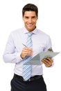 Happy Businessman Holding Clipboard And Pen