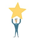 Happy businessman holding gold star. Victory, rating symbol. Vector illustration in flat style, isolated on white.