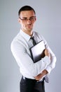 Happy businessman holding laptop Royalty Free Stock Photo