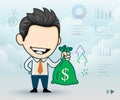 Happy businessman holding money bag in his hand in cartoon style Royalty Free Stock Photo