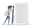 Happy businessman holding a pen. Man standing at completed checklist on clipboard. Flat design illustration. Royalty Free Stock Photo