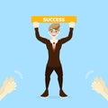 Happy businessman holding success label with applause concept