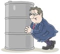 Happy businessman hugging an oil barrel