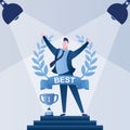 Happy businessman inside of award wreath with ribbon. Successful results concept template Royalty Free Stock Photo