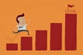 Happy Businessman jump over graph stat to goal