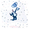 Happy businessman in a jump. Successful employee holding winner cup in hand Royalty Free Stock Photo