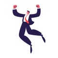 Happy businessman jumping. Active successful young man in a dark suit with a red tie. Vector illustration of isolated