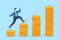 Happy businessman jumping on pile of money coins growth in flat design Royalty Free Stock Photo