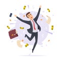 Happy businessman. Jumping proffesional successful young office manager male vector cartoon illustrations Royalty Free Stock Photo