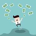 Happy businessman jumping surrounded by money Cute cartoon character Profit successful business concept Royalty Free Stock Photo