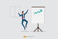 happy businessman jumps because increase sales presentation report on whiteboard. Finance performance concept. business profit