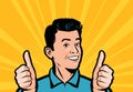 Happy businessman keeps his thumbs up. Retro comic pop art vector illustration