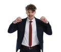 Happy businessman laughing, celebrating and shouting Royalty Free Stock Photo