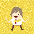 happy businessman is lie down relaxing with gold coin penny stack, business concept