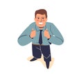 Happy businessman looking up and showing thumb up gesture. Cartoon business man view from above