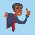 Happy businessman male dark skin with thumbs up peeking out the corner cartoon flat design illustration