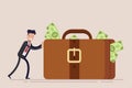 Happy businessman or manager pushes a huge suitcase or briefcase with money. The concept of theft or bribery. Vector