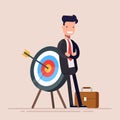 Happy businessman or manager is standing near the target. The arrow hit the target exactly. Flat vector illustration in