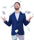 Happy businessman, money rain and financial freedom from investment or savings against a white studio background