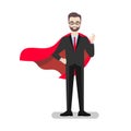 Happy businessman in an office suit with a red cloak in the role of a superhero shows a hand gesture perfectly.