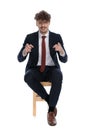 Happy businessman pointing at camera with both hands Royalty Free Stock Photo