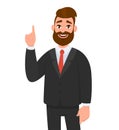 Happy businessman pointing up index finger gesture to copy space. Businessman emotion and body language concept illustration.