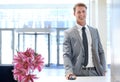 Happy businessman, portrait and bell at reception desk for hotel reservation, stay or check in. Man or employee with Royalty Free Stock Photo