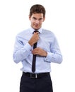 Happy, businessman and portrait for fixing tie and corporate professional for career pride in studio mockup. Person