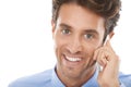 Happy businessman, portrait and phone call for communication or conversation on a white studio background. Closeup of Royalty Free Stock Photo