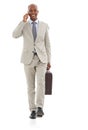 Happy businessman, portrait and phone call with suitcase for discussion on a white studio background. Black man or Royalty Free Stock Photo