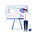 Happy businessman presenting marketing data on a presentation screen board explaining charts Royalty Free Stock Photo