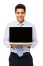 Happy Businessman Promoting Laptop
