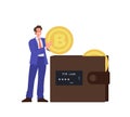 Happy businessman putting bitcoin money golden coin into wallet isolated on white background