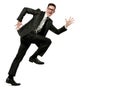 Happy businessman runs in black suit on white. Royalty Free Stock Photo