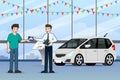 A happy businessman, salesman is standing and give a Vehicle registration book for sell luxury car.