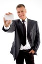 Happy businessman showing business card Royalty Free Stock Photo
