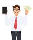 Happy businessman showing new tablet computer and cash, money or currency notes in hand. Person holding digital tab. Royalty Free Stock Photo