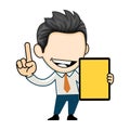 Happy businessman showing a tablet. Business concept in cartoon style