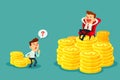 Happy businessman sit on stack of gold coins-investment concept